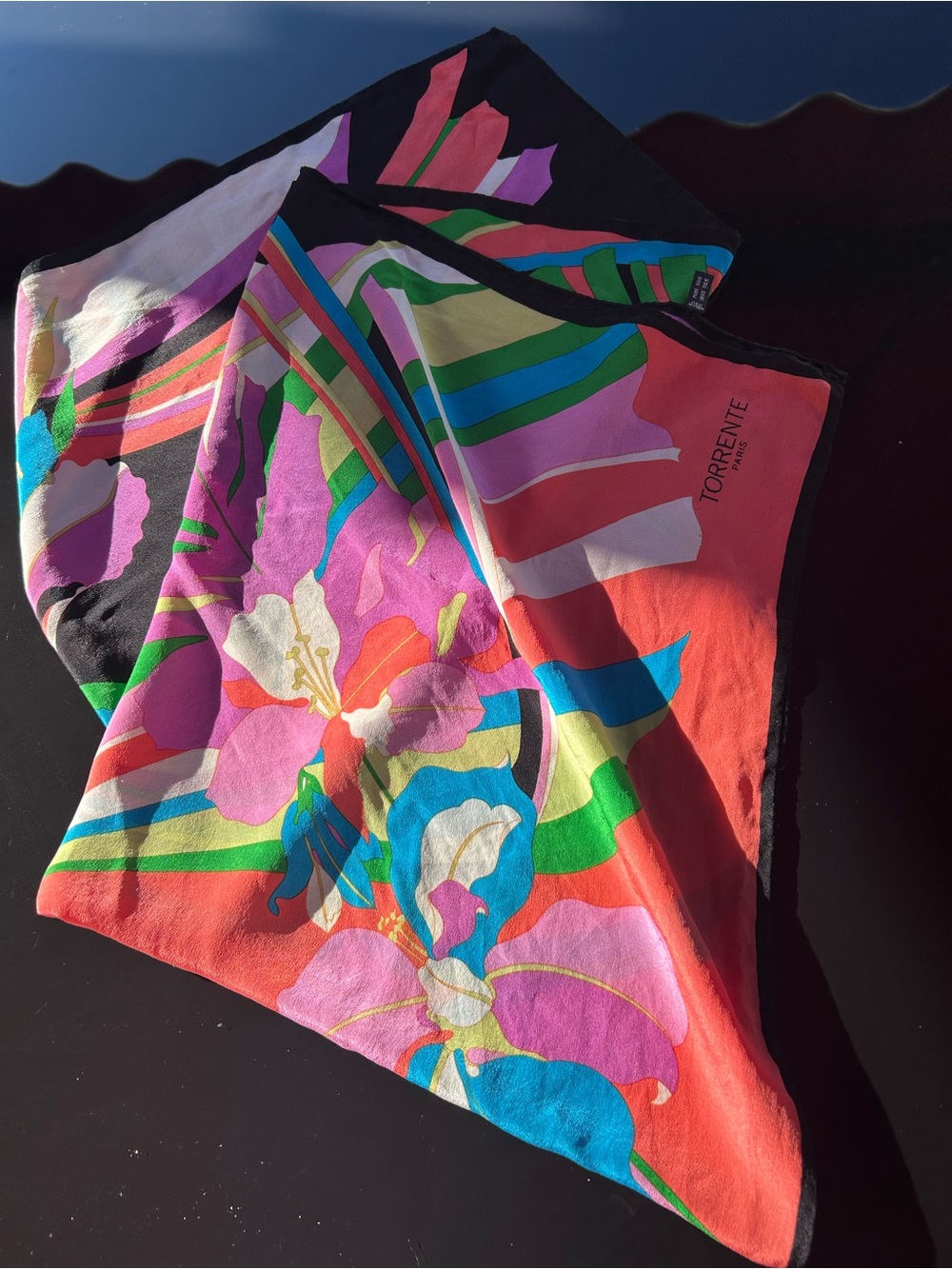 vintage Torrente Paris silk scarf featuring a vibrant, multicolor Size 33 X 33